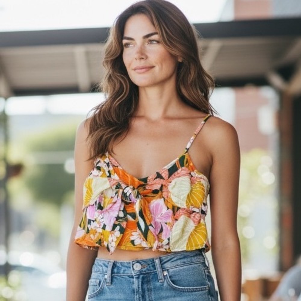 Aerie Tropical Floral Tie Front Smocked Back Crop Top Bohemian Festival Beach S - Picture 10 of 13